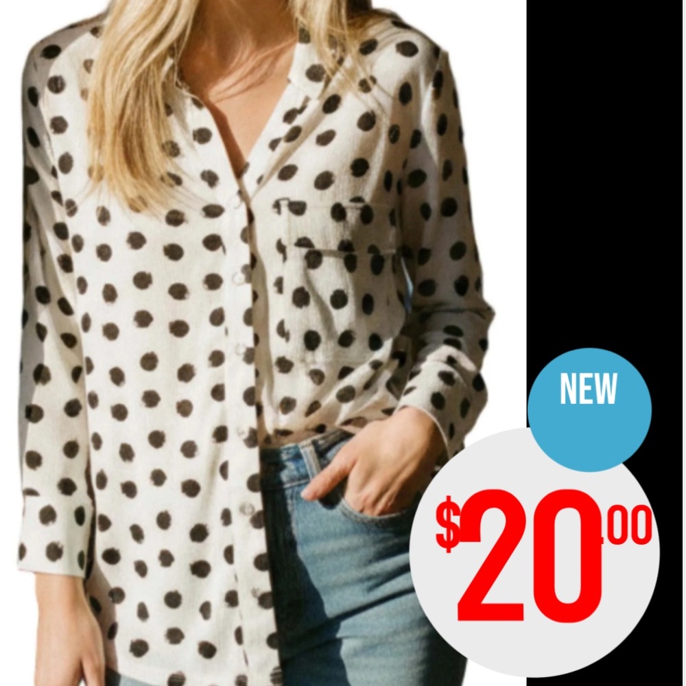 Polka Dot Button-Up Shirt - Cream with Brown Dots.